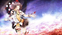 Stars clouds wings running hats red eyes belts anime girls 