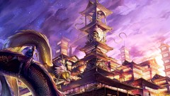 Stars Dragons buildings anime girls skies