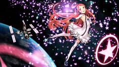 Stars dress Earth red eyes space station gloves blush long hair 