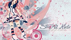 Stars headphones dress red eyes gloves pink hair long hair 