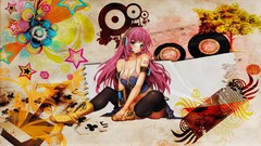 Stars headphones sitting tattoos multicolor blush pink hair 