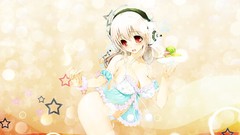 Stars headphones white hair red eyes bracelets long hair anime 