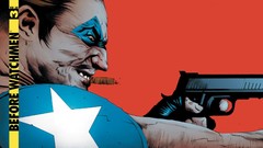 Stars Men Guns cartoons Watchmen red background masks cigars 