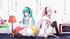 Stars moon headphones dress Profile sitting Lamps stockings 