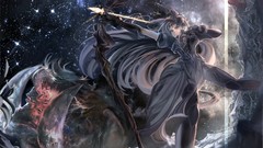 Stars Mountains dark weapons dress gloves arrows long hair gray 