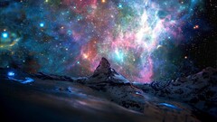 Stars Mountains nebula landscape Space nature digital art snow