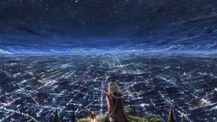 Stars Mountains woman Anime City Lights sitting cities anime 