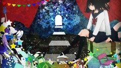 Stars Music headphones cake anime girls green eyes seifuku 