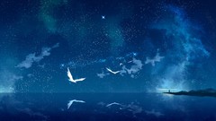 Stars ocean Birds reflections night sky artwork lighthouses