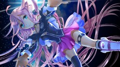 Stars planets skirts pink hair long hair anime girls boots blue 