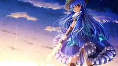Stars sky weapons dress hats Swords blue hair long hair anime 