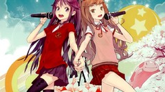 Stars socks Ribbons schoolgirls microphones skirts smiling long 