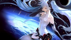 Stars tie navel planets blue hair long hair gray eyes anime 