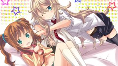 Stars tie Ribbons blondes anime girls blue eyes green eyes 