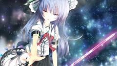 Stars weapons dress hats red eyes Swords blue hair long hair 