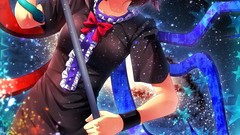 Stars weapons wings dress trident red eyes multicolor smiling 