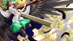 Stars weapons wings feathers grin flying red eyes bows skirts 