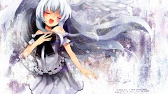 Stars wings Anime white hair Ribbons angels blush long hair 