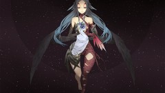 Stars wings red eyes planets blue hair long hair barefoot anime 