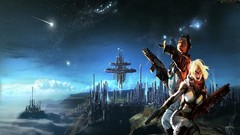 Stars woman Guns flying cities science fiction outer space 