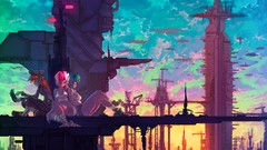 Station anime girls cityscapes concept art colored hair 