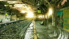 Station ruins Tokyo abandoned seats clocks dilapidated railroad 