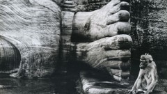 Statues Buddha monkeys grayscale