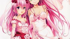 Stockings pink hair long hair anime girls green eyes brides 