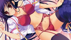 Stockings shirts blush big eyes bra purple hair ecchi underwear 