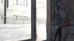 Stockings skirts kissing blush pink hair anime girls yuri thigh 