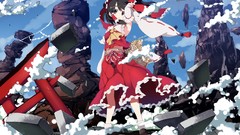 Stones clouds wind navel rocks red dress bows skirts long hair 