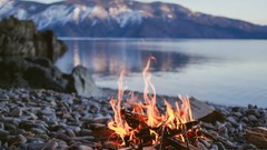 Stones fire sky Beaches bokeh Lake Mountain