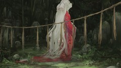 Stones nature Trees water Plants dress Profile white hair red 