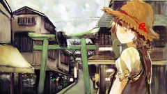 Street hats smiling cities anime girls brown eyes brunettes 