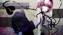 String Hearts skirts pink hair pink eyes anime girls short hair 