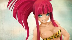 Stripes smiling long hair anime girls redheads topless aqua eyes