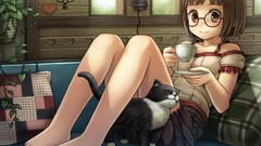 Summer cats glasses barefoot anime girls brown eyes brunettes 