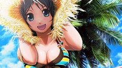 Summer palm trees Beaches anime girls skies bikini boobs 