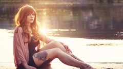 Summer woman lakes tattoos brunettes portraits