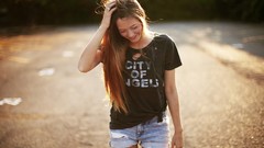 Summer woman roads Shorts long hair brown eyes brunettes