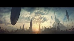 Sun clouds Birds buildings cities science fiction artwork 