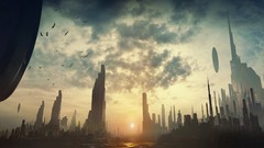 Sun clouds Birds spaceships cityscapes artwork futuristic