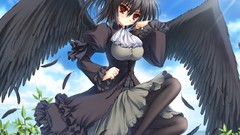 Sun clouds woman wings Anime dress flying red eyes angels black 