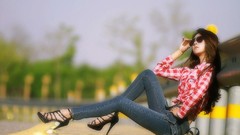 Sun glass woman jeans Parks asians models Korean