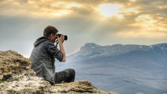 Sun Mountains clouds Men Cameras