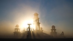 Sun ruins mist cityscapes burning man Black Rock City
