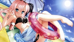 Sun summer ocean tube Anime Beaches pink hair long hair anime 