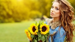Sun Sunflowers woman brunettes