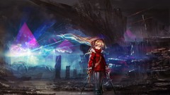 Sun weapons rocks Swords jackets pants blondes long hair anime 