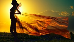 Sun wind woman walk fields sunlight